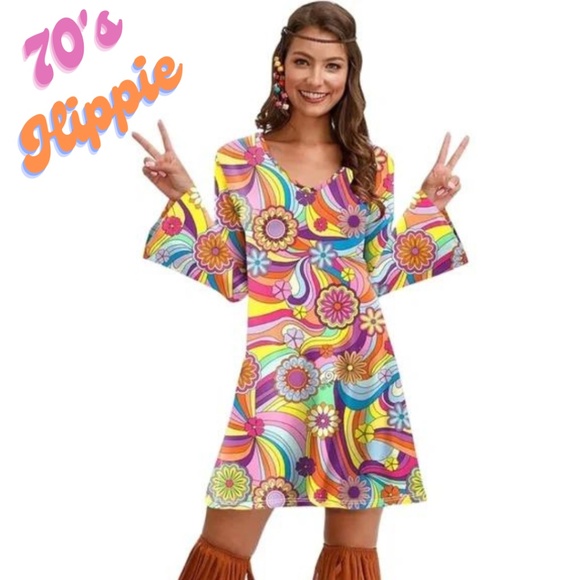1970's Flower Power Hippie Dress - Picture 1 of 16